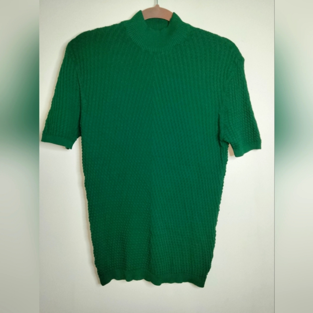 Suslo Couture (Size 3XL) Men's Green Stretch Textured Mock Neck SS Sweater